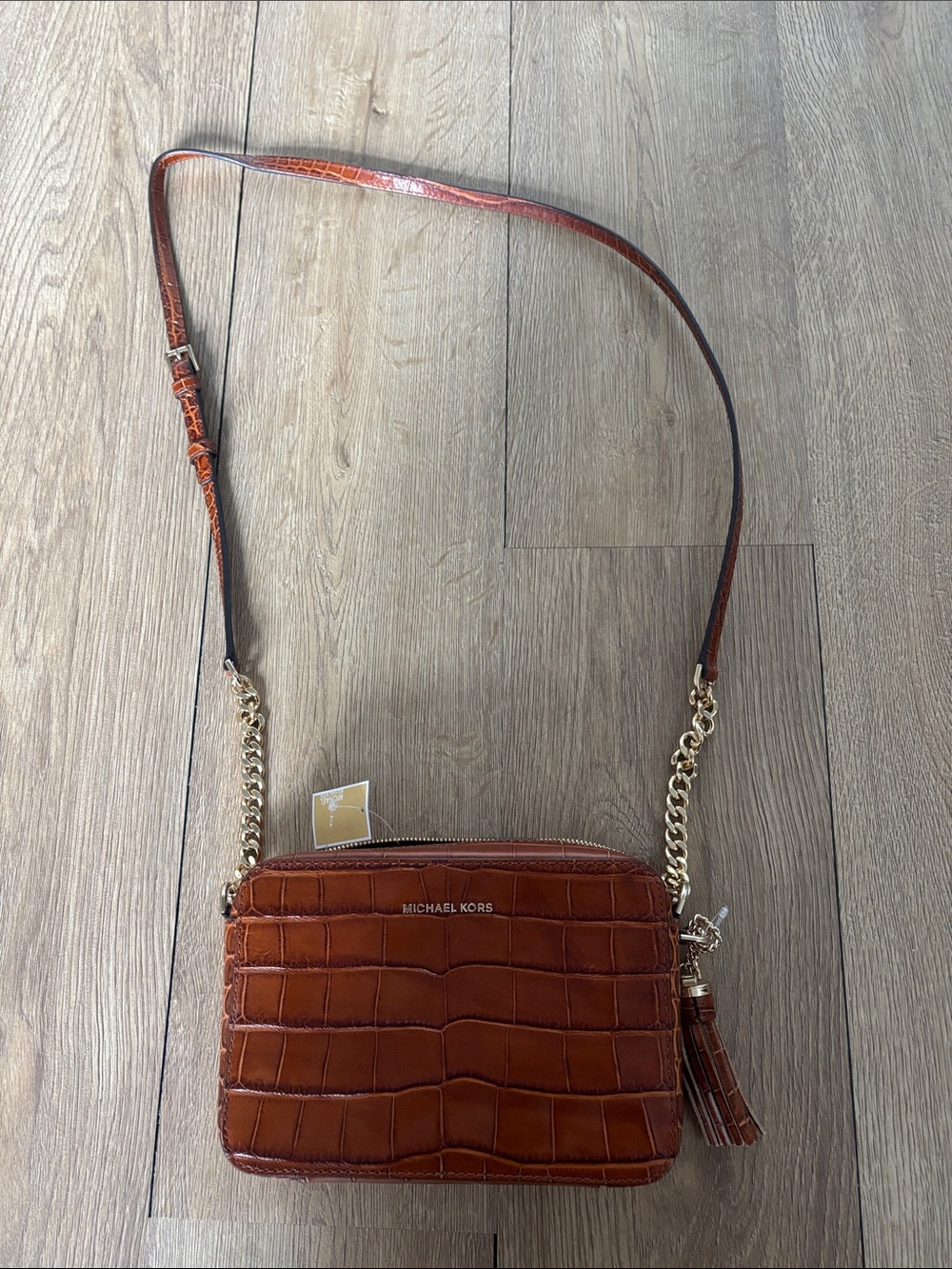 Michael Kors Croc-Embossed Leather Crossbody Bag in Cognac Brown with Gold Chain